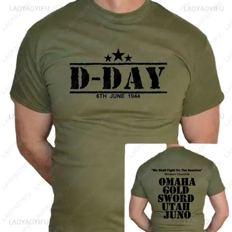 2026 D-DAY 1944 ARMY NORMANDY MILITARY CHURCHILL BEACHES FUN T-SHIRT Herrenbekleidung Vintage-Druck T-Shirts Baumwolle Herren T-Shirt
