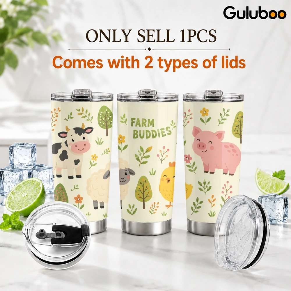 Cute Animal Friends Prints Vacuum Flasks 20oz Coffee Tumbler With 2 Lids & Straw Stainless Steel Vacuum Insulated Mug