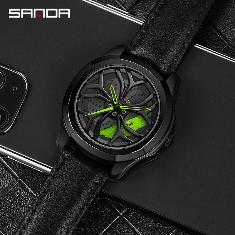 SANDA P1065 2023 Fashion New Flagship Men's Quartz Watch Unique Racing Furious Rotating Wheel Wristwatch Gifts Relogio Masculino