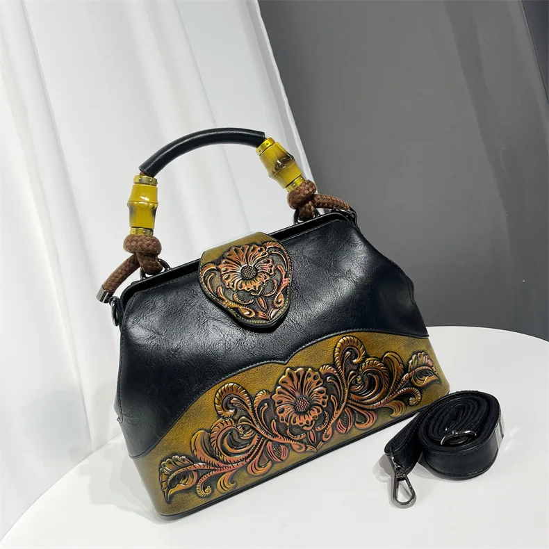 

Мягкая кожаная сумка-тоут с тиснением, большая вместительная повседневная универсальная сумка на одно плечо в художественном национальном стиле, трансграничная поставка