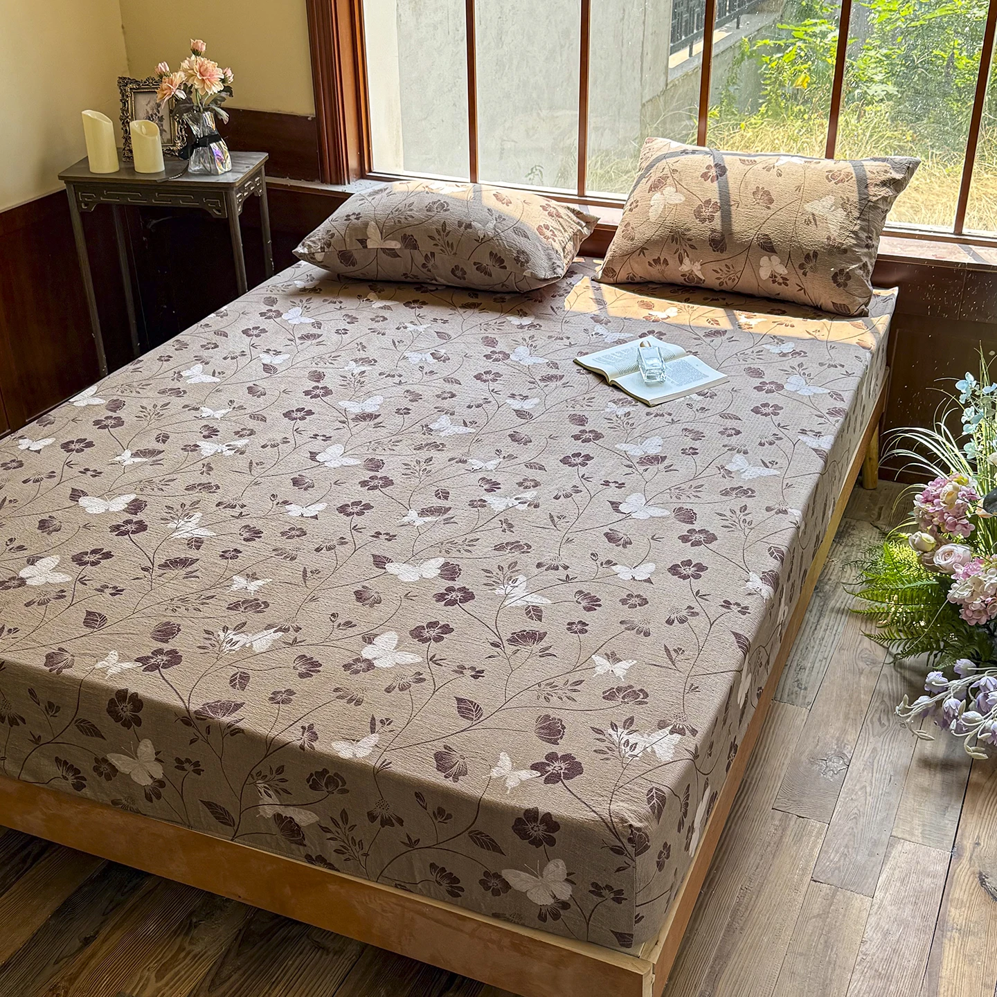 Korean Style Mattress Cover Floral Linen Fitted Sheet Set With Elastic Pillowcases Bed Linen Bedding Single Twin Double Size