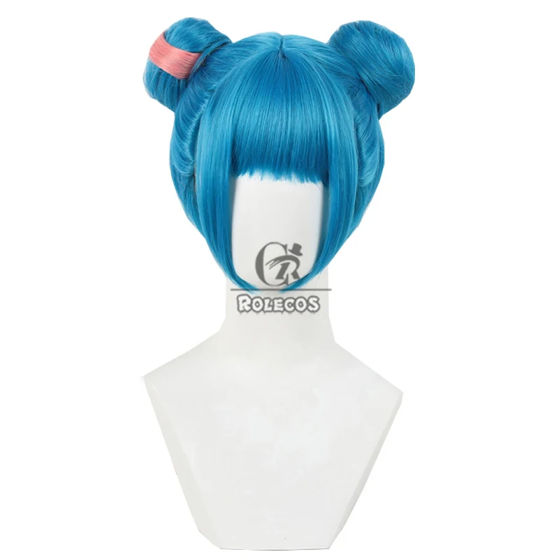 ROLECOS Spiel LOL Arcane 2 Jinx Double Bun Cosplay Perücken Arcane Jinx 30 cm kurze blaue gemischte rosa Perücke hitzebeständiges Kunsthaar