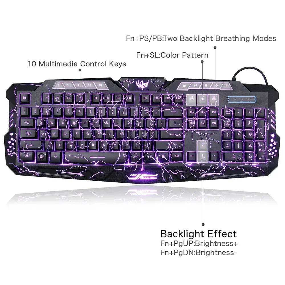 Gaming Keyboard Mechanical Computer Keyboard USB Wired LED 3 Color Red/Blue/Purple Backlit Gamer Lighted Keyboard With MousePad