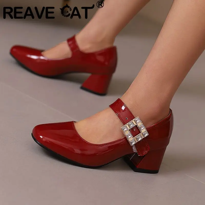 REAVE CAT Fashion Women Pumps Toe Block Heel 5cm Buckle Strap Shallow 46 47 48 Office Shoes Spring