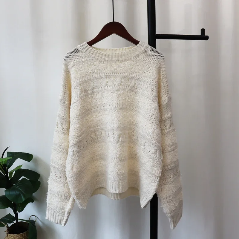 Knitted Striped Sweater Women Long Sleeve O Neck Pullovers Spliced Jumpers Autumn Casual Loose Fit Sweaters Slight Strech