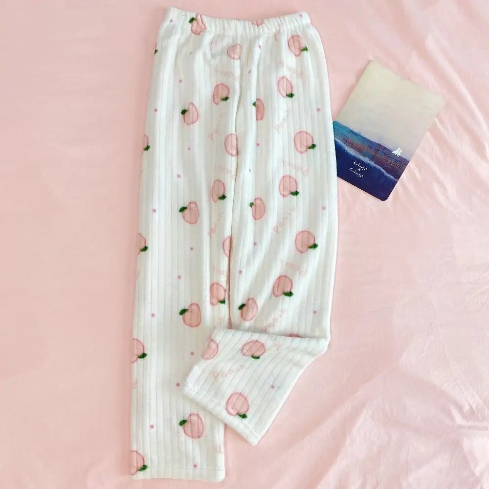 Kawaiii Bowknot Peach Pajama Pants Loose Nightwears Flower Fleece Trousers Sweet Home Clothing Coral Fleece Pants Sleepwear