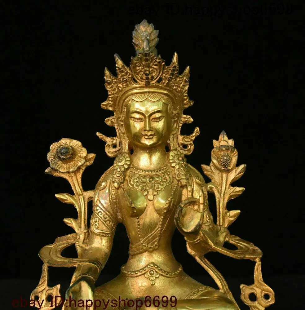 Old Tibet Bronze Gilt Green Tara Mahayana Buddhism enlightenment Goddess Statue