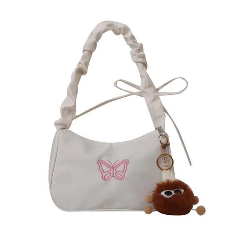 Trendy Women's Shoulder Bag Fashionable Nylon Underarm Bags Pleated Handbag with Unique Embroidered Butterfly Pattern