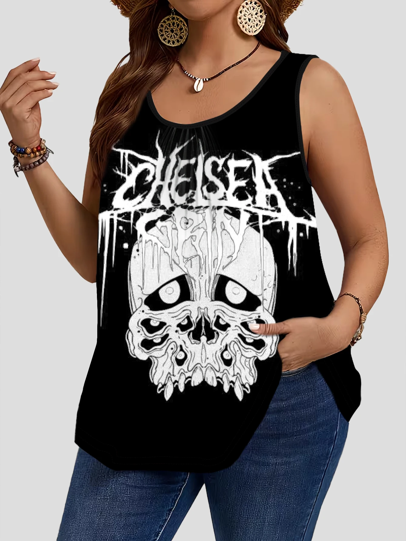 3-Piece Set of Plus-Size Women's Rock Band Snake Print Skull Vintage Art Print Tank Tops, Round Neck Loose Sleeveless Tops 5