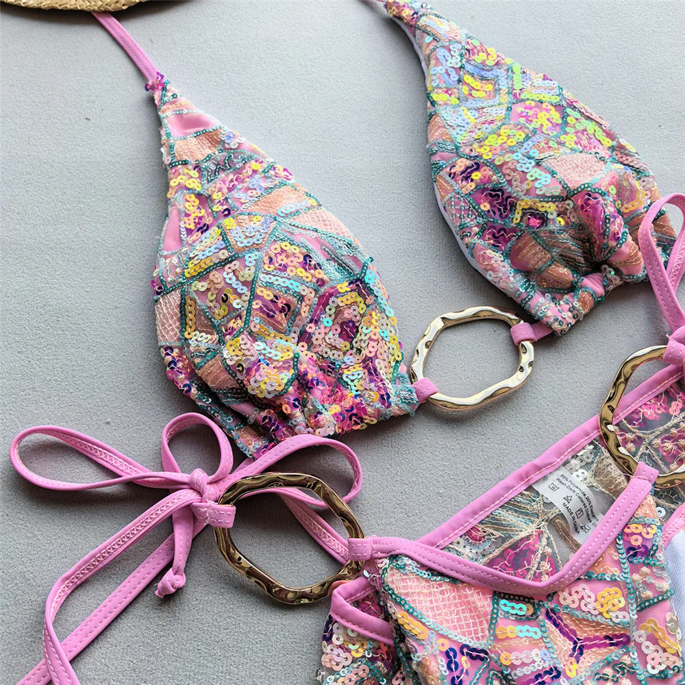 Kolorowy cekinowy strój kąpielowy typu halter, stringi, trójkątne bikini, 3-częściowy zestaw, narzutka, metalowe kółko, seksowny kostium kąpielowy damski 2025, geometryczne bikini.