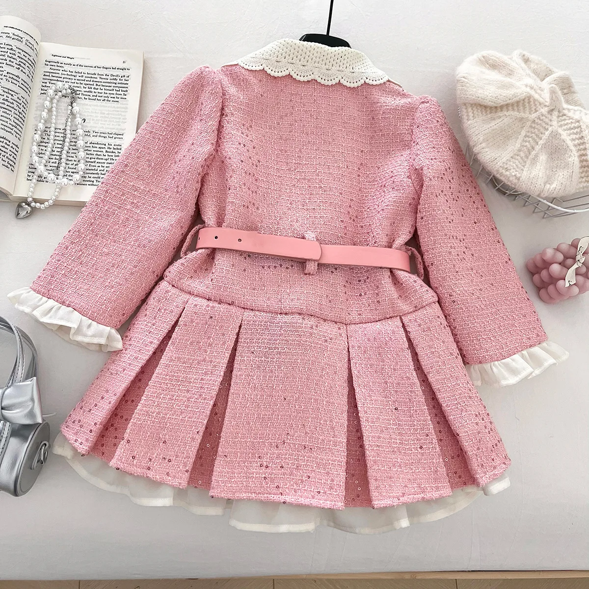 Pink Pleated Princess Dress for Kids Girl with Belt Autumn Tweed Fleece-lined One-piece Jacket Dress Fashion Fake two-piece Dres