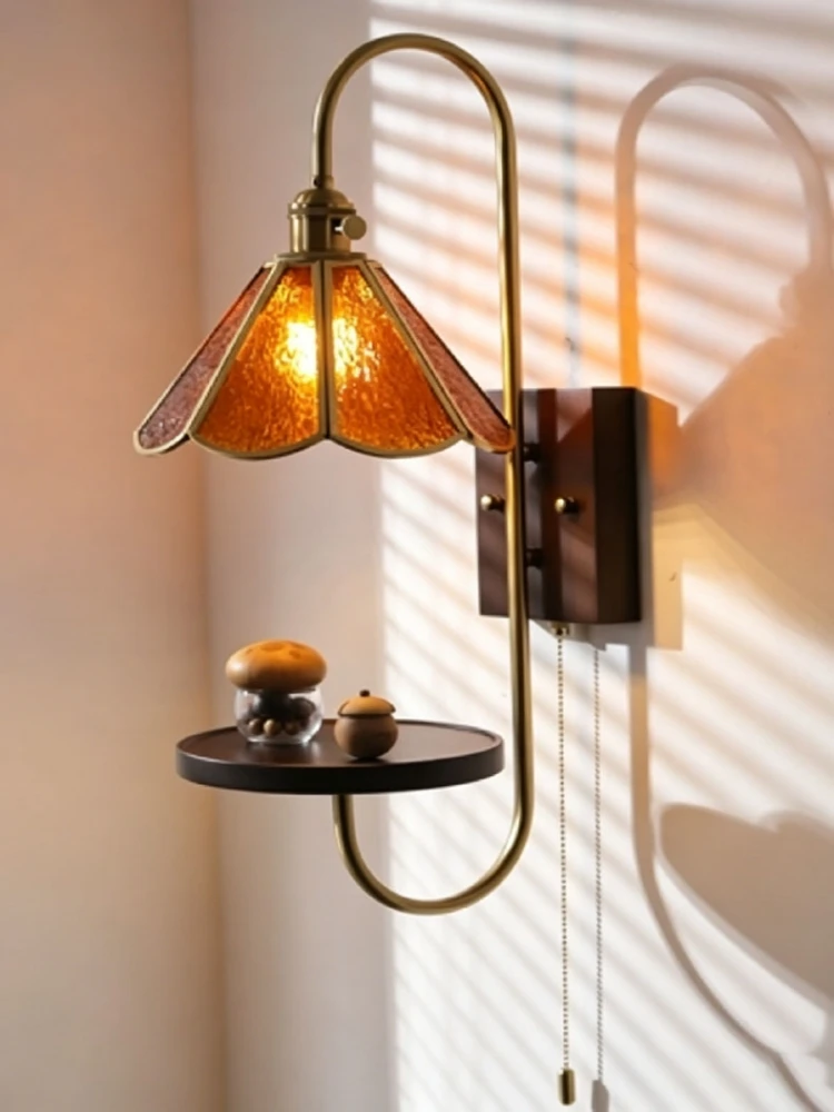 Nordic Amber Glass Wall Light Indoor Bedroom Parlor Sconce Gold Metal Storage Plate E27 Bulb Wall Lamp