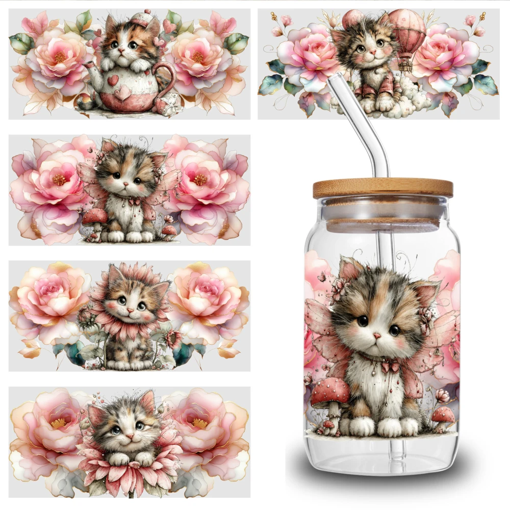 5 Sheets Floral Kitten UV DTF Stickers Cups Decoration UV DTF Stickers Waterproof Rub on Transfers