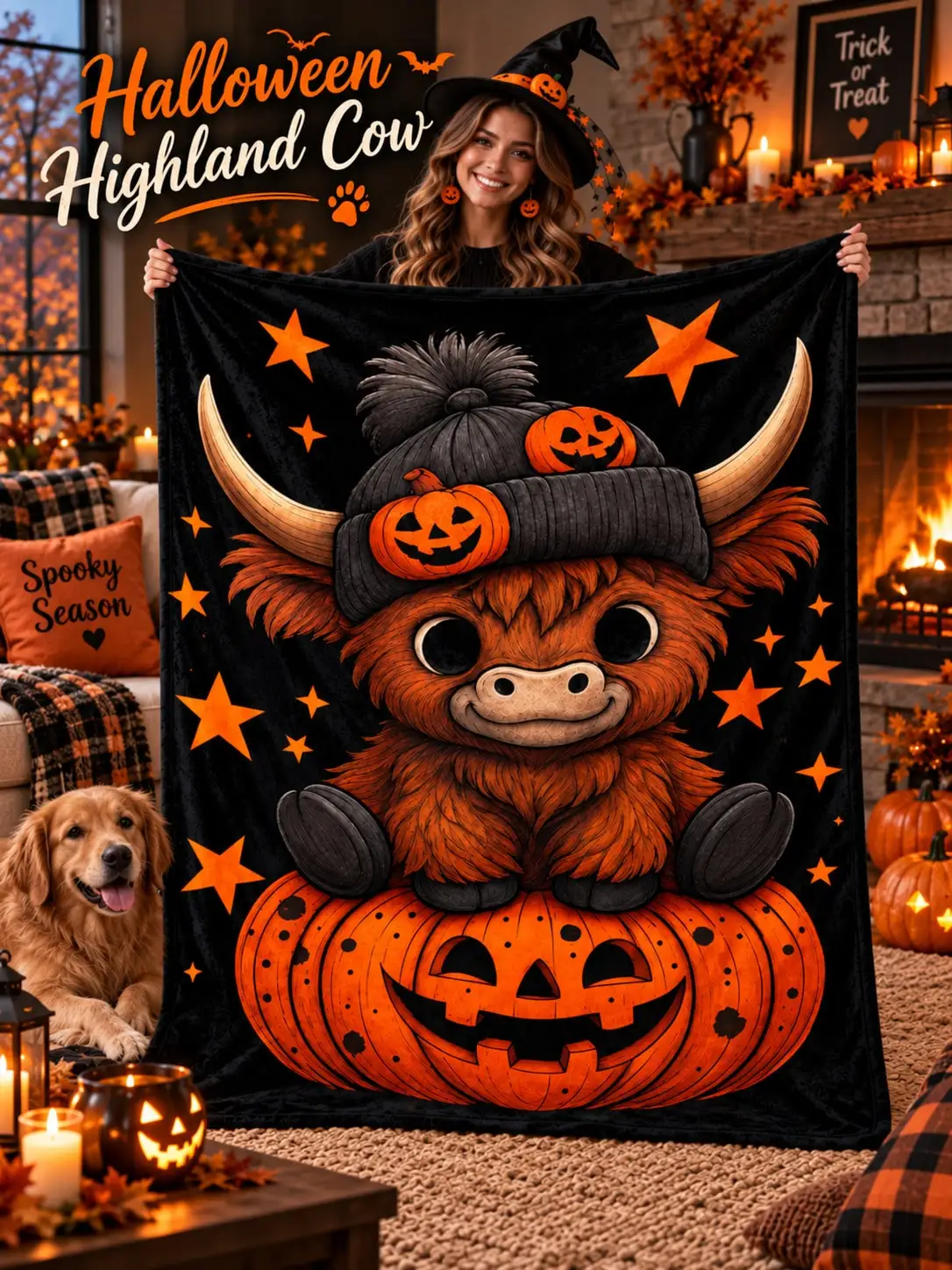 Halloween Flannel Blankets & Throws Highland Cow Jack O Lantern Star Sofa Bed Nap Cover Living Room Bedroom Reading Travel Camping Home Decor Anniversary Birthday Gift for Women Men Mom Dad Grandma Grandpa Wife Husband Family Friends Movie Night