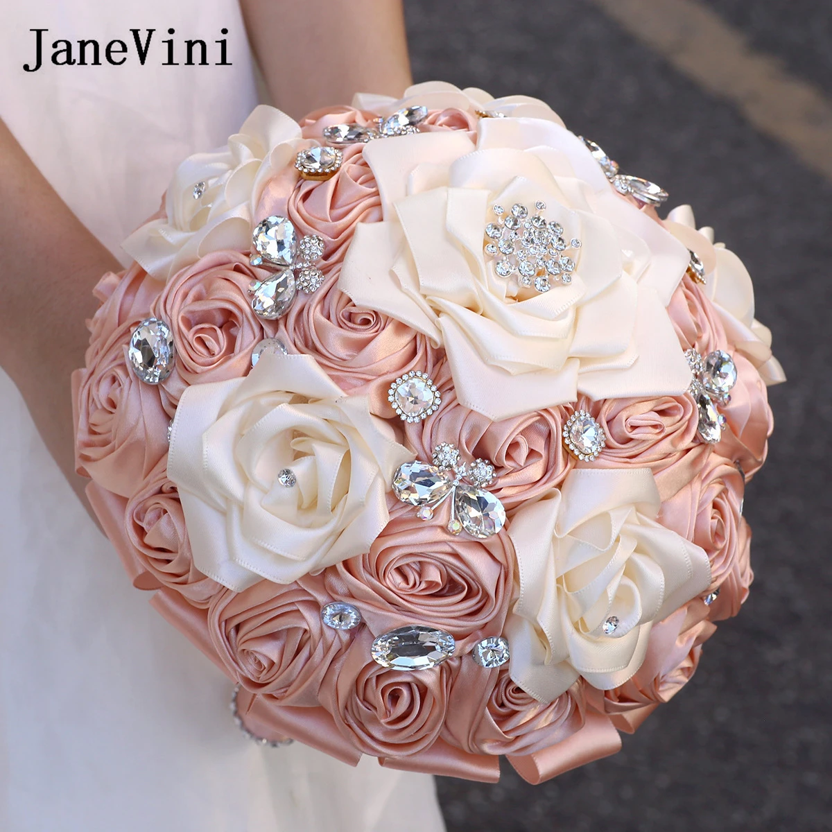 

JaneVini Bling Silver Jewelry Bride Bouquet for Wedding Champagne Roses Bridal Flowers Bouquet Crystals Accessories Butterfly