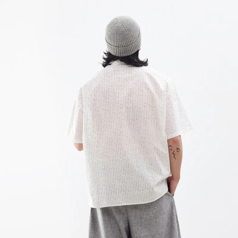 WVGA Japanese-style Cityboy Design Green Collared Half-button Pullover Loose-fit Drop-shoulder Short-sleeve Shirt Trendy W25786