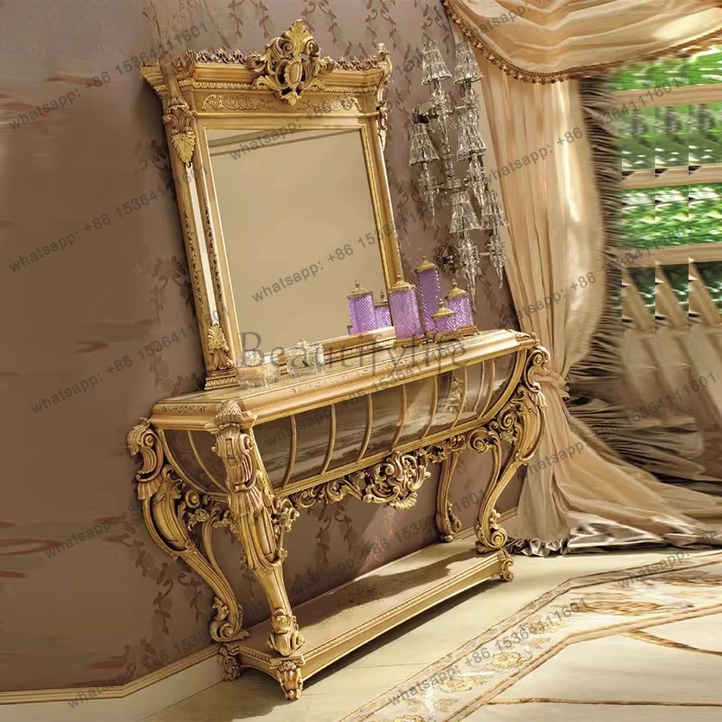

Luxury European foyer furniture Villa solid wood pure hand-carved decorative cabinet Entrance mirror