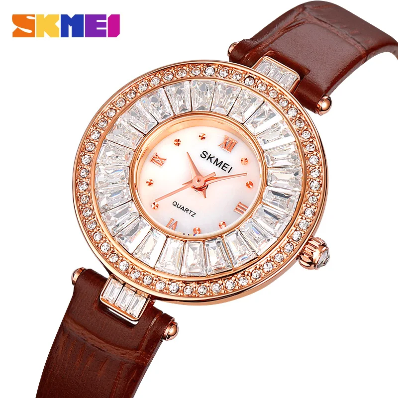 

SKMEI reloj mujer Роскошные кварцевые часы с бриллиантовым циферблатом для женщин, простой ремешок из натуральной кожи, водонепроницаемые женские наручные часы