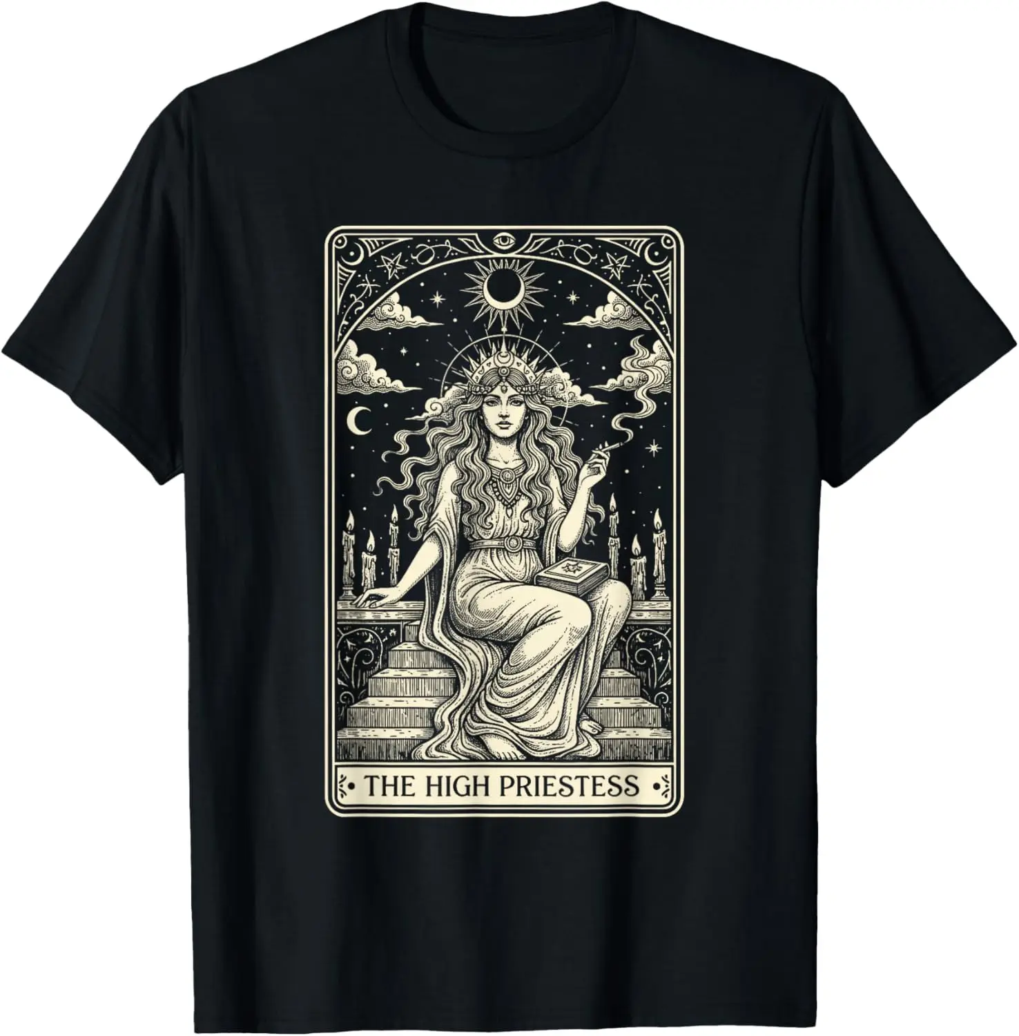 Cannabis Weed Smoking 420 The High Priestess Tarot Card T-Shirt 100% Cotton Trendy Y2K Short-Sleeve Tee-Soft, Quick-Drying,