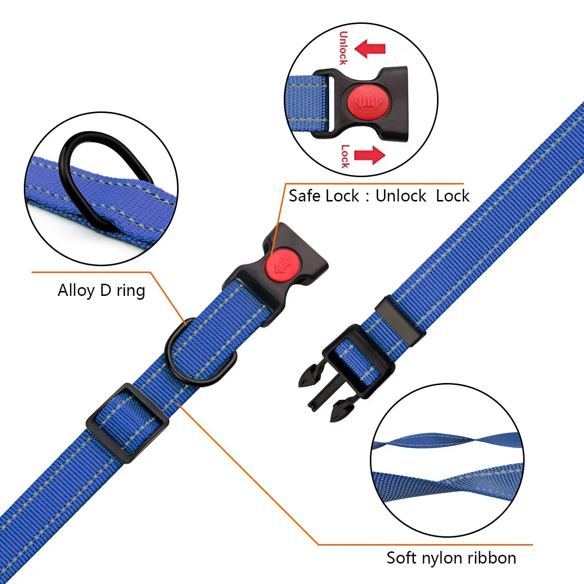 Reflective Nylon Dog Collar & Leash Set Safety Locking Buckle Adjustable Small Medium Large Dogs 3 Sizes, Customized