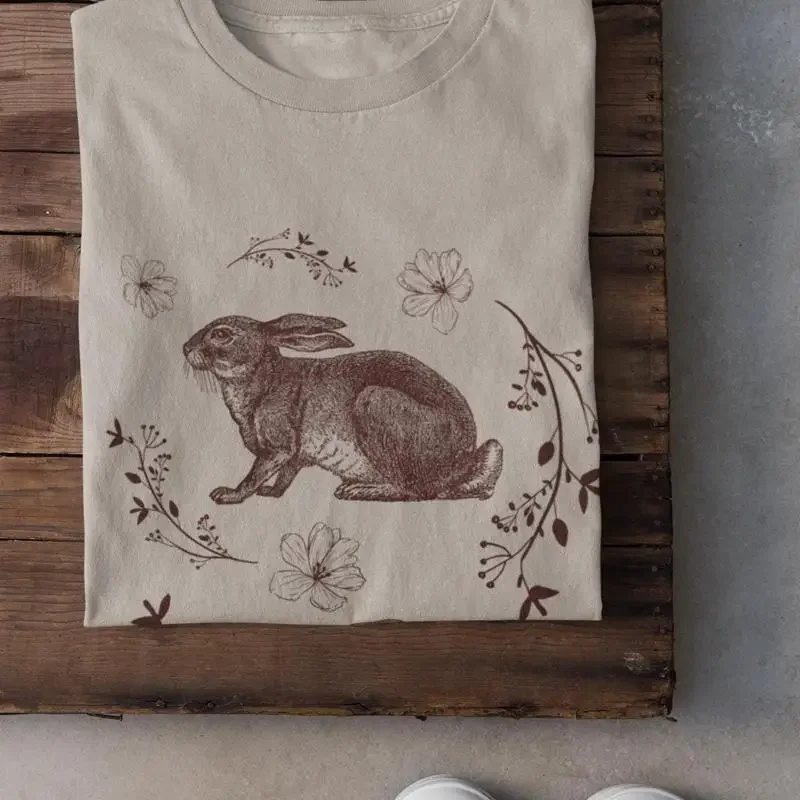 Cottagecore Fairy Rabbit T Shirt Y2K Fairycore Grunge Pastel Goth Clothing Goblincore Rabbits Flower Botanical Wildflowers