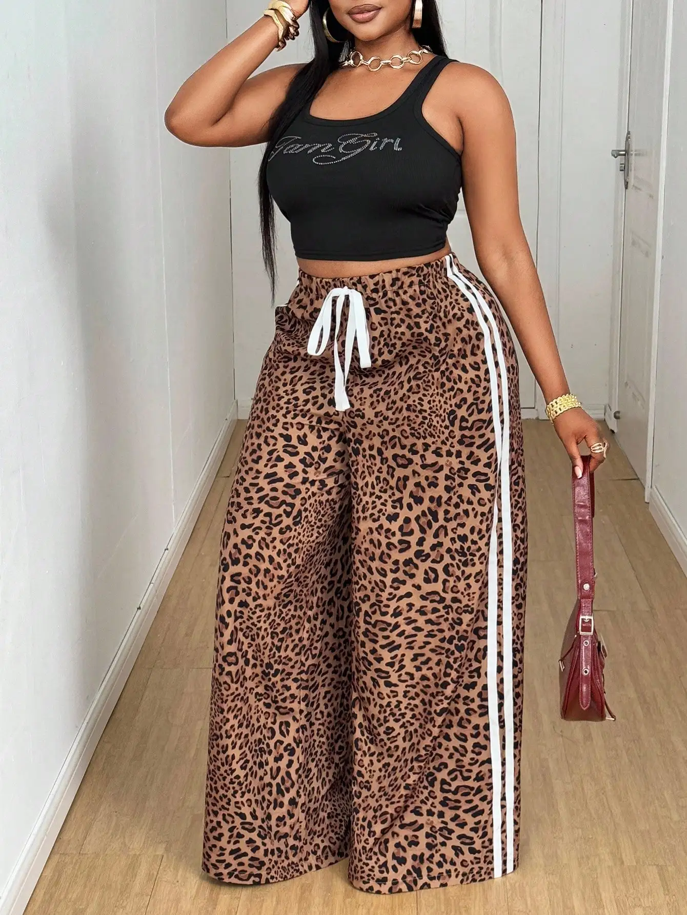 

Plus Size Leopard Print Wide Leg Pants with Side Stripes and Drawstring Waist for Casual Wear