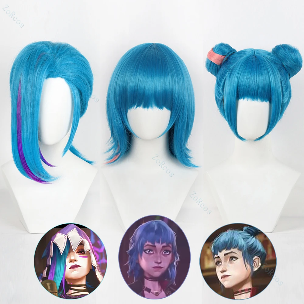 Jinx Cosplay Wig Arcane Season 2 Jinx 30cm 2 Styles Blue Hair Women Men Halloween LOL Role Play Wig + Wig Cap