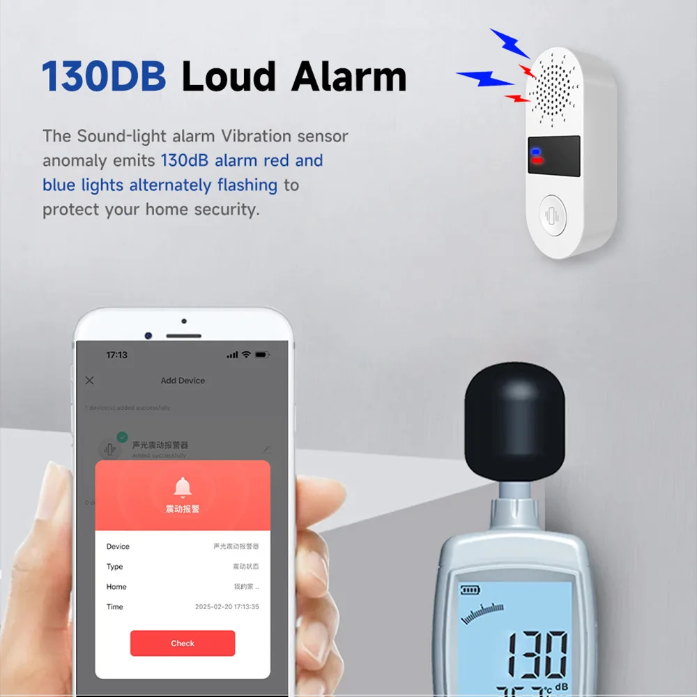 Tuya WiFi Vibration Sensor with Sound and Light Alarm 130DB Zigbee Vibration Sensor Smart Home Security Protection APP Monitor