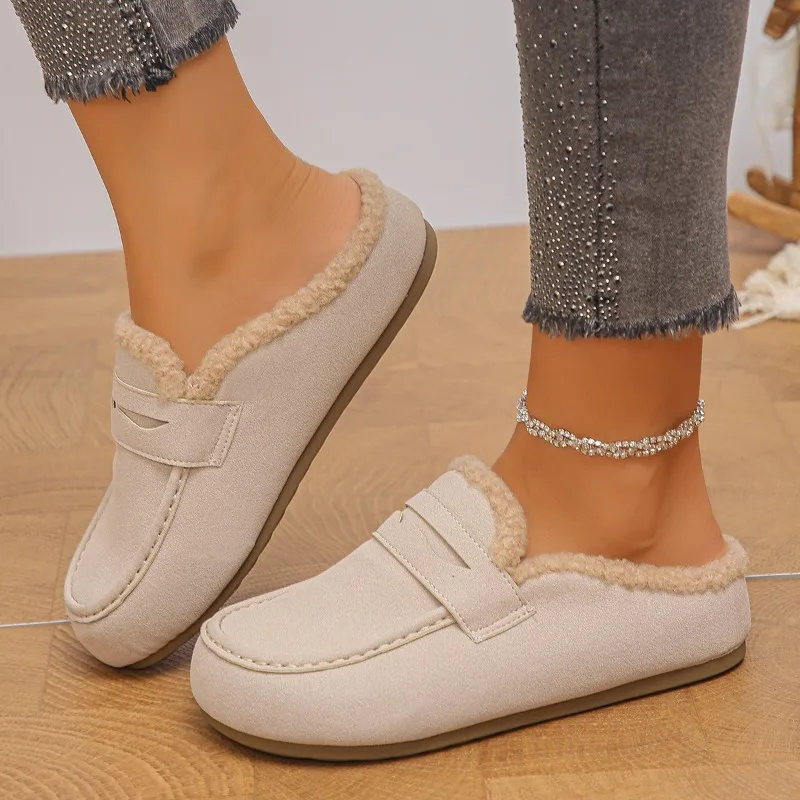 36-43 Big Size Platform Fur Slippers Women Round Toe Sewing Creepers Slides Winter Shoes Woman Furry Pantuflas Cozy Plush Mules
