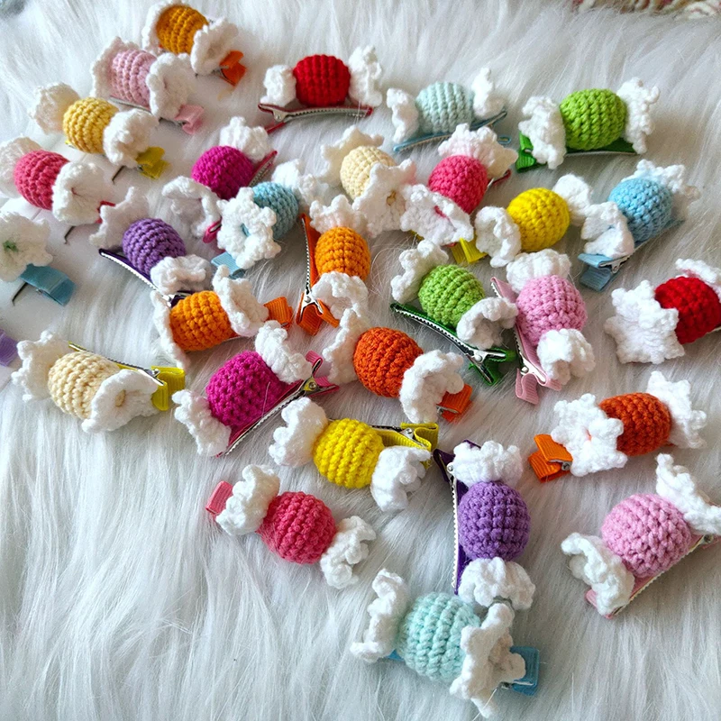 10PCS Handmade Crochet Wool Colorful Candy Hairpin Ornament Accessories Cute Candy Decorations Knitting Supplies 4.5CM