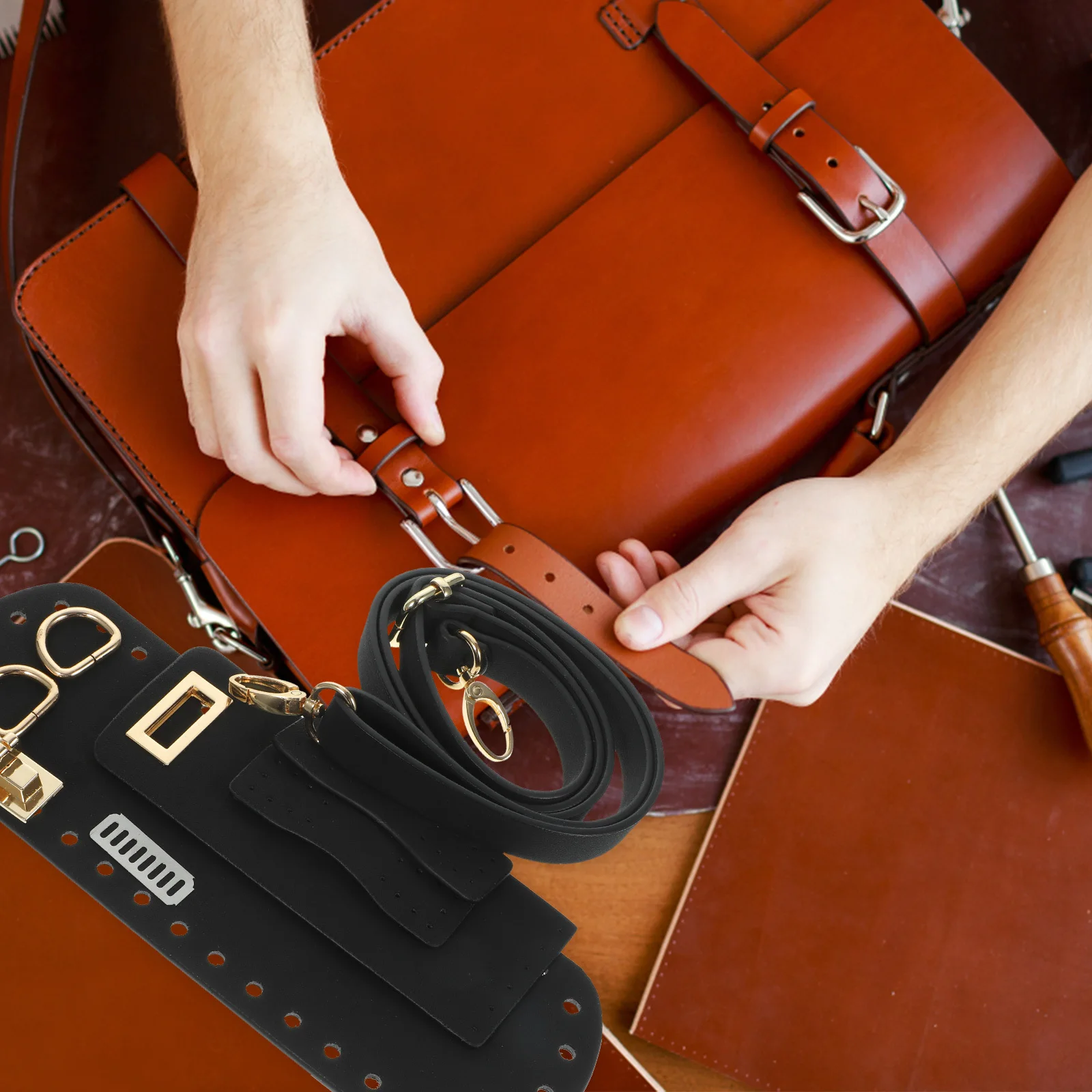 

1Set Woven Bag DIY Material Kit Black PU Bottom Cover Shoulder Strap Lock Pendant for Handmade Backpack