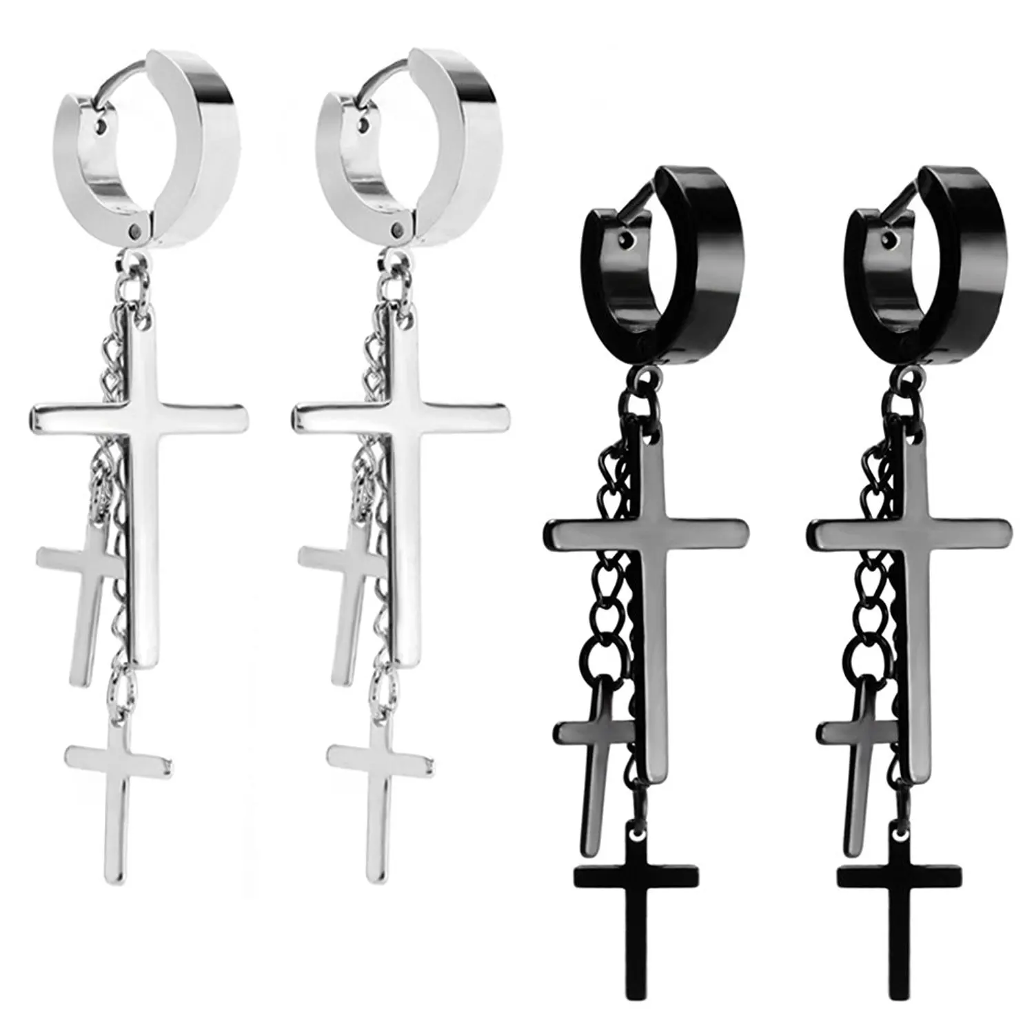 2 Pairs Stainless Steel Punk Unisex Cross Tassel Urban Huggie Hinged Hoop Dangle Earrings Set for Men Women Sliver Black Tone