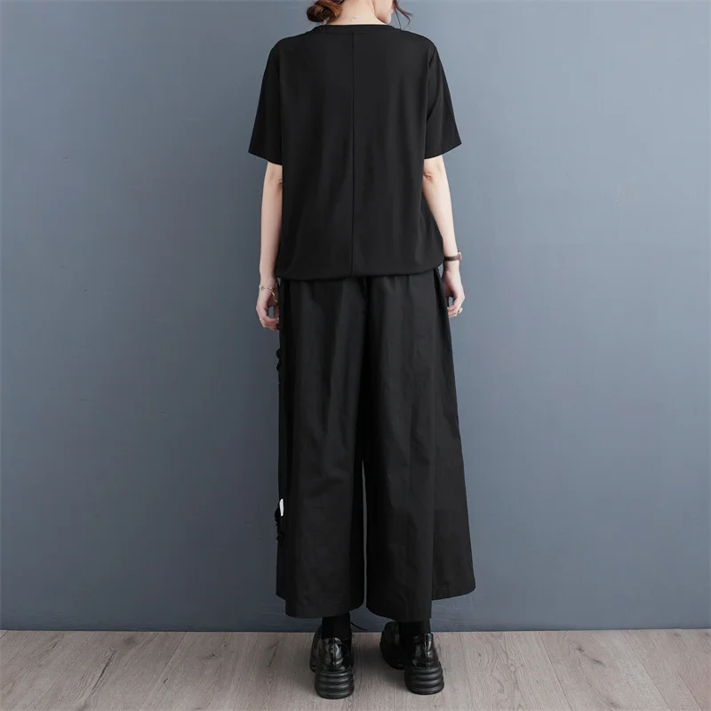 #2709 Summer Black Two Piece Set Top And Pants Short Sleeve T Shirt And Wide Leg Pants Loose Vintage Split Joint 2 Piece Outfits