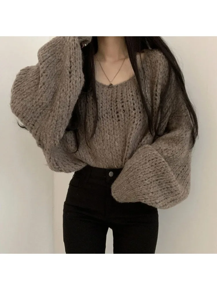 Dolce maglione autunnale lavorato a maglia con design scavato, pullover ampio da donna, top casual lavorato a maglia a maniche lunghe con scollo tondo