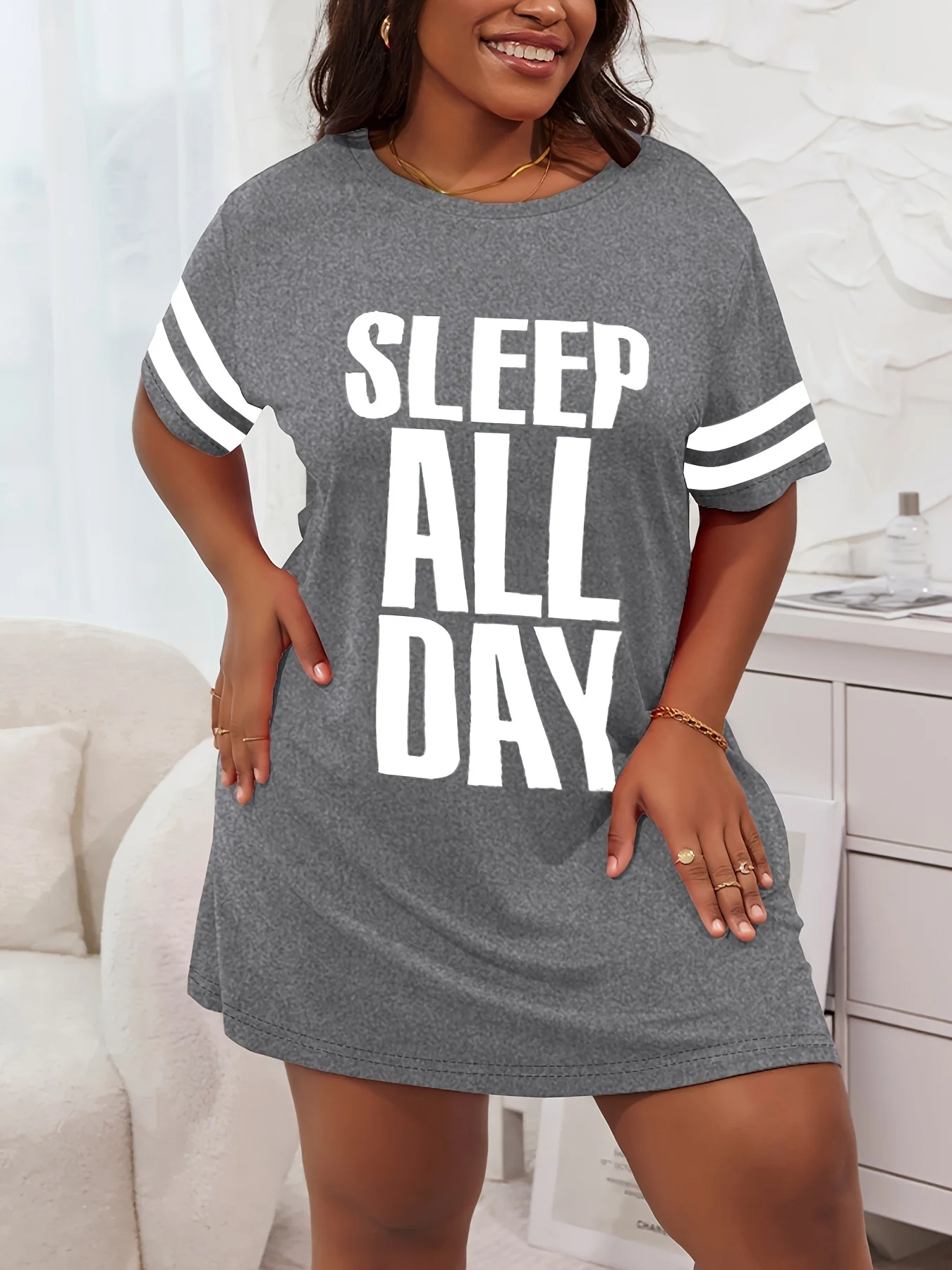 Plus Size Striped Sleep All Day Print Sleep Dress