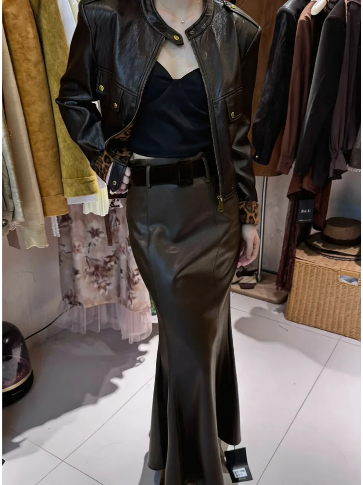 IG Women 2‑Piece Outfit Cropped Zip Jacket With Leopard Cuff Decor + High Waist Mermaid Long Skirt, Fashion Suit For Fall Winter