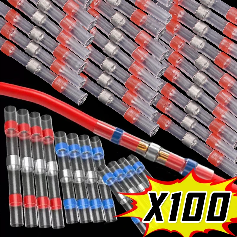 

100 шт. водонепроницаемые разъемы для пайки, клеммы для разъема для пайки, электрический разъем для стыкового провода, уплотнительная трубка, термоусадочный корпус