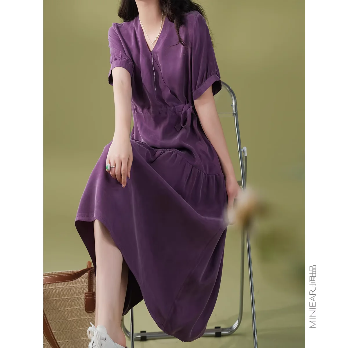 

Летнее роскошное платье миди Dr из гладкого шелка с v-образным вырезом и поясом в стиле пэчворк Heavy-du, женское медное амиачное волокно Dr