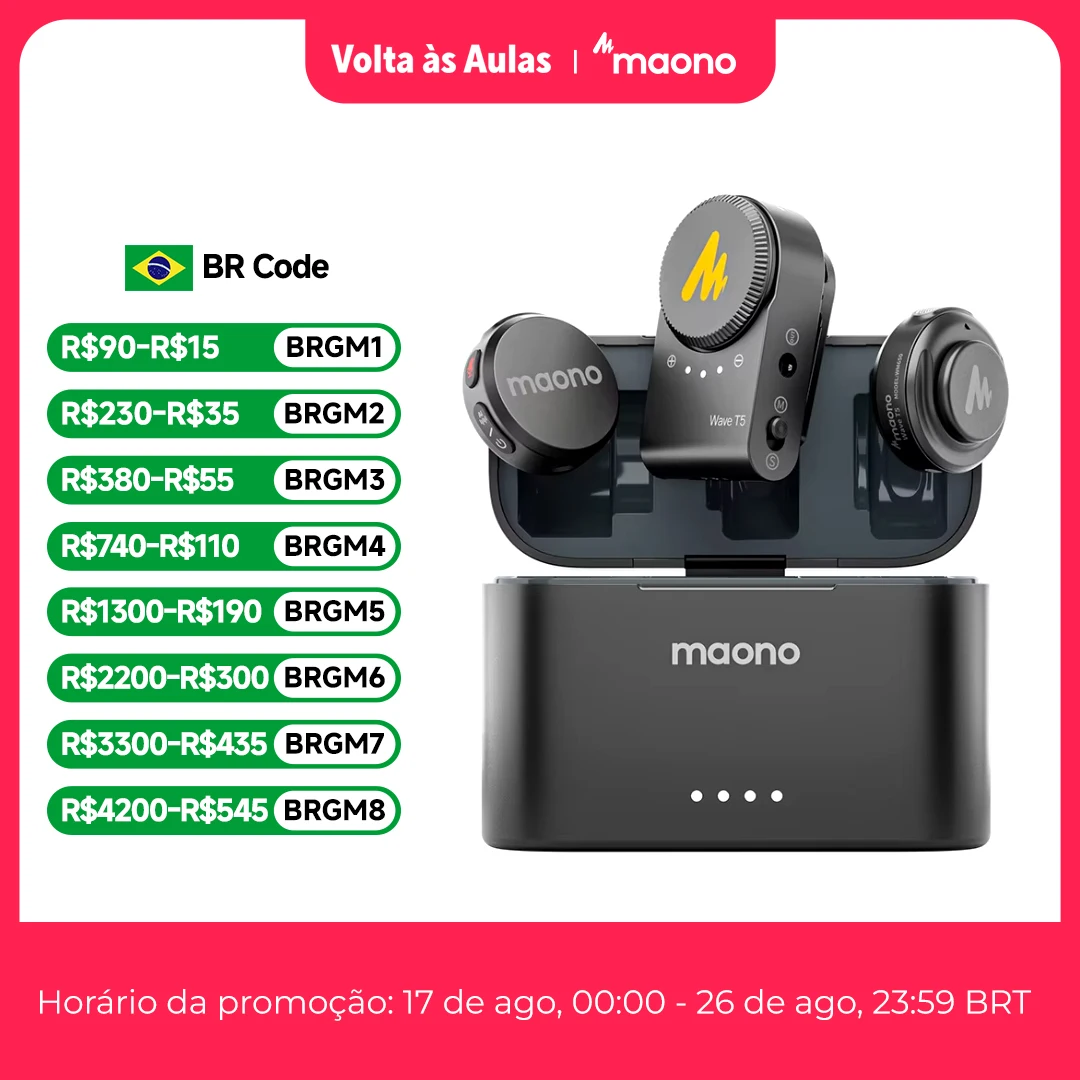 Microfone Lavalier Sem Fio Maono Wave T5 com Cancelamento de Ruído para Gravação de Vídeo e Streaming para Telefones e Câmeras