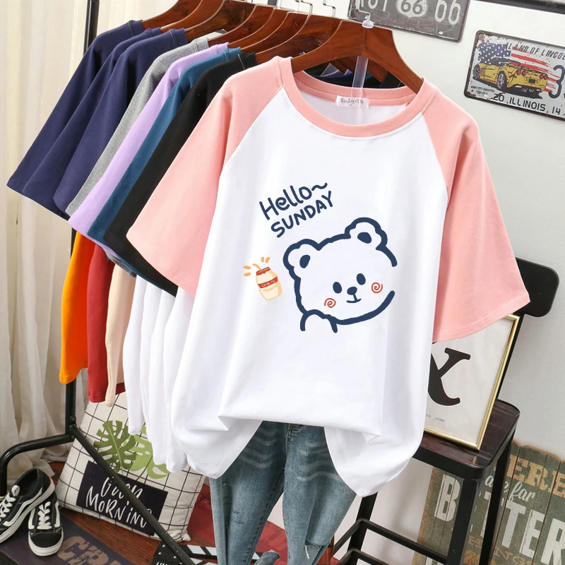 DAYIFUN O Neck Short Sleeve T-shirts Women Cartoon Print Splicing Design Sense Tshirts 2024 New Summer Plus Size Cotton Top Tees