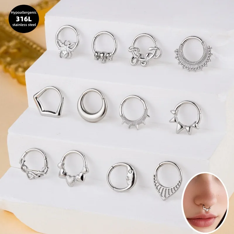 Juego de 5 Anillos de Nariz de Acero Inoxidable, Piercing de Septum, Anillo de Araña, Anillo Cerrado, Anillo Sin Costuras, Decoración Nasal