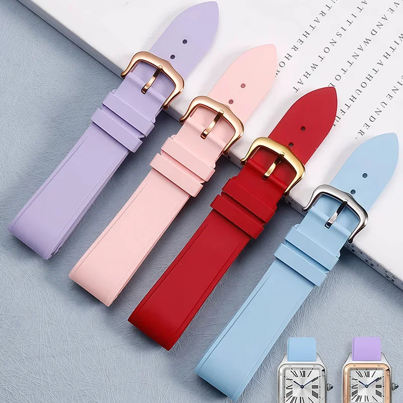 ل كارتييه سانتوس دومونت سلسلة اللون الفلور المطاط حزام سيدة دبوس مشبك الغبار سوار الإفراج السريع حزام الساعات 17.5 مللي متر