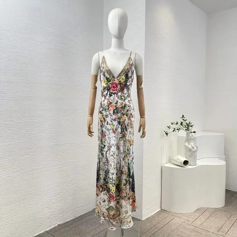 Women's White Floral Print Sleeveless Midi Dress Elegant Summer Dress Holiday New Arrival 2024