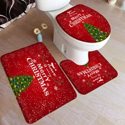 3 pieces Merry Christmas Bath Mat Set Xmas Tree Red Winter New Year Toilet Lid Cover Foot Rug Non-slip Bathroom Accessory Set