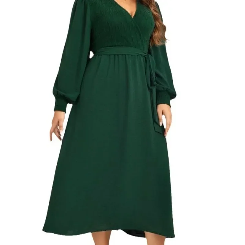 Plus Size Women Dresses Wrap V Neck Belt Elastic Long Sleeves Autumn Fall Sprimg Robe Solid Color Flowy Female Clothing