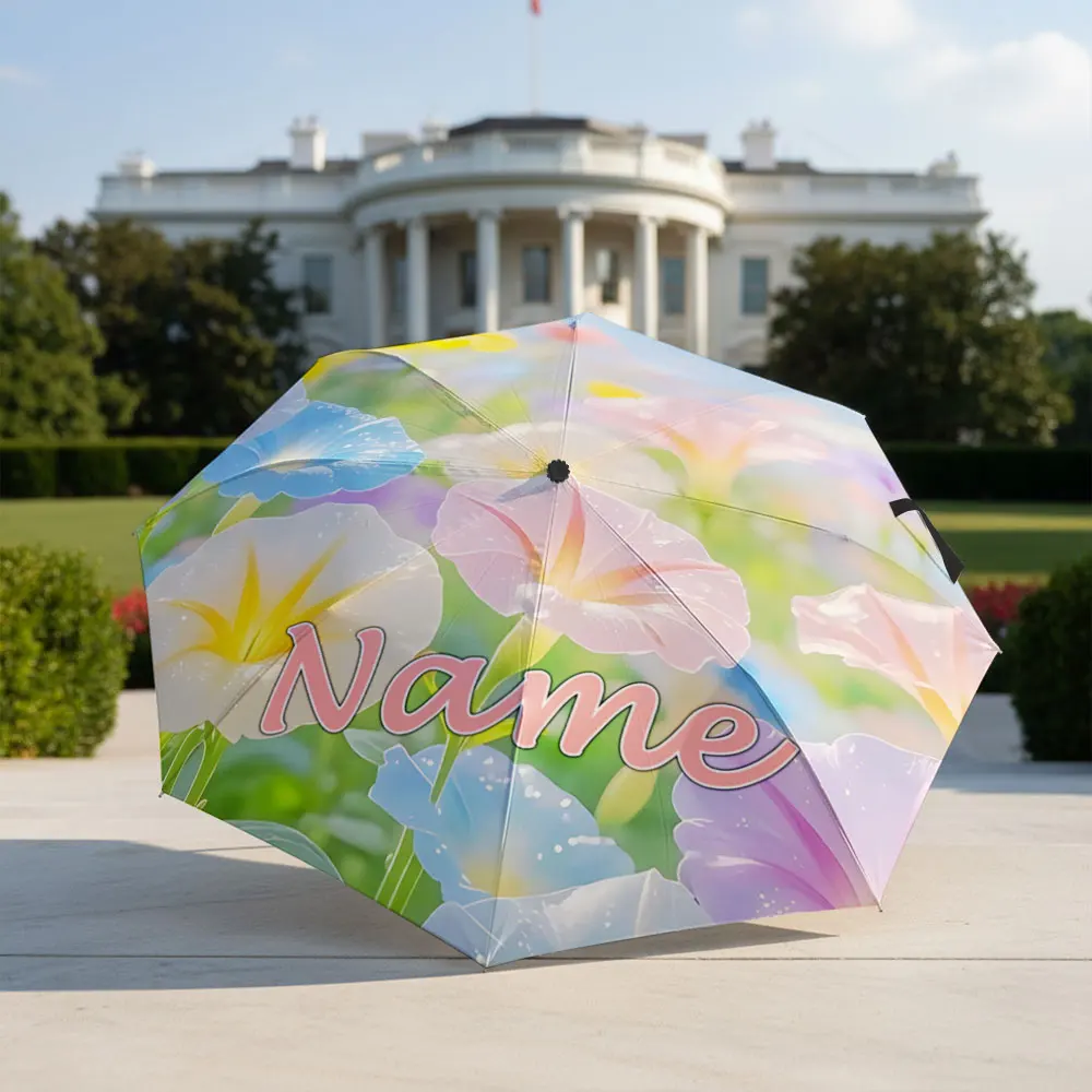 Custom Name Umbrella Colorful Morning Glory Flowers Field Print Folding Umbrella,Portable Travel Parasol For Women Girls, Gift