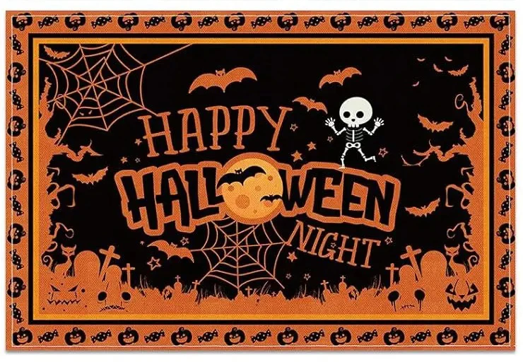 Yellow-dominated Style Halloween Pumpkin Haunted House Skull Pattern Printed Linen Table Mats Party Dining Table Decorations