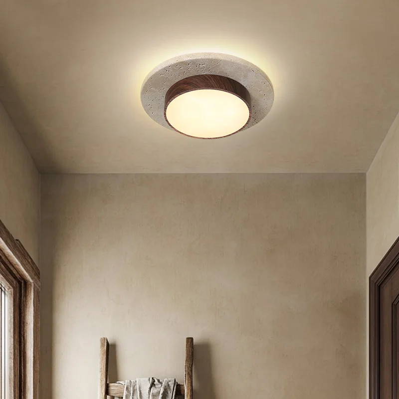 Wabi Sabi 32W Travertine LED Ceiling Lamp 3000K Light Yellow Stone Walnut/Wood Color Living Room Natural Stone Ceiling Light