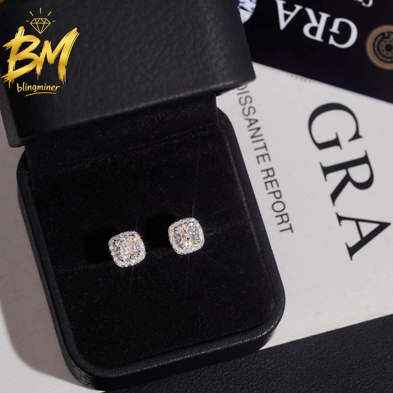 Blingminer Fashion Style 8mm VVS Moissanite Earrings For Men Women S925 Silver Ear Studs Jewelry Pass Diamonds Tester GRA