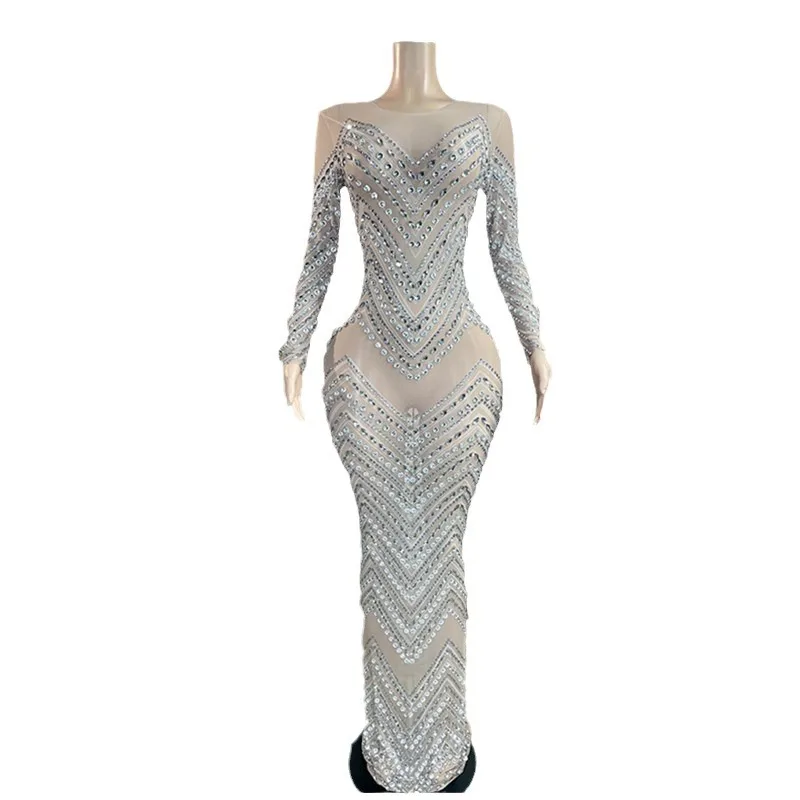 Costume scintillante diamante cristallo manica lunga ballo di fine anno abito da bar abiti da sera festa luxuosos abiti da occasione formale